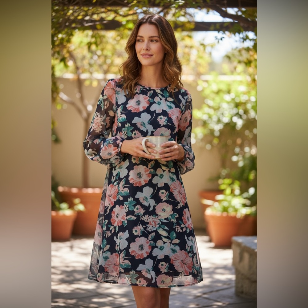 Floral Navy Chiffon A-Line Dress - Ladies' Floral Long-Sleeve Dress